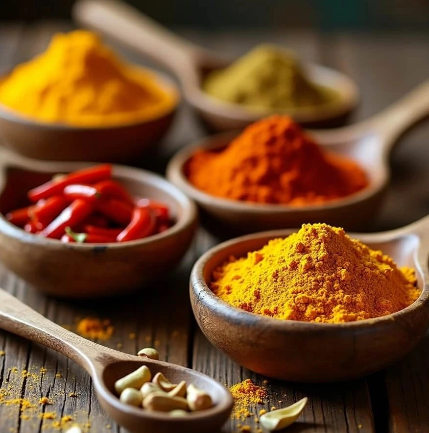 ملاعق خشبية صغيرة تحتوي على بهارات كاري مثل الكركم والبابريكا، بالإضافة إلى فلفل أحمر وقرون الهيل، موضوعة بعناية على طاولة خشبية داكنة.