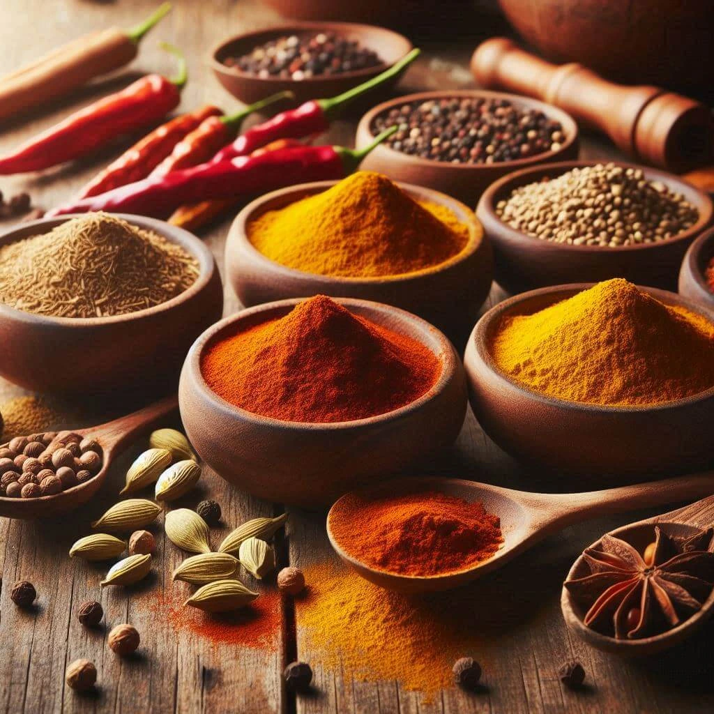 بهارات كاري متنوعة موضوعة في أوعية خشبية على سطح خشبي، تشمل الكركم، الفلفل الأسود، الكمون، الحبهان، والفلفل الأحمر المجفف.