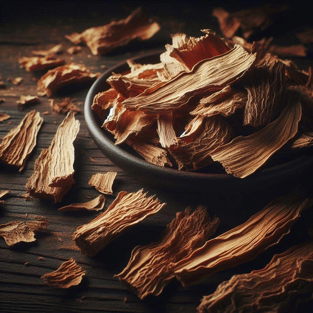 جذر القسط الهندي الطبيعي مع قطع من القسط الهندي المجفف ومسحوقه المستخدم في الطب التقليدي.