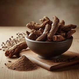 القسط الهندي للحمل مطحون وجذوره في وعاء خشبي على طاولة