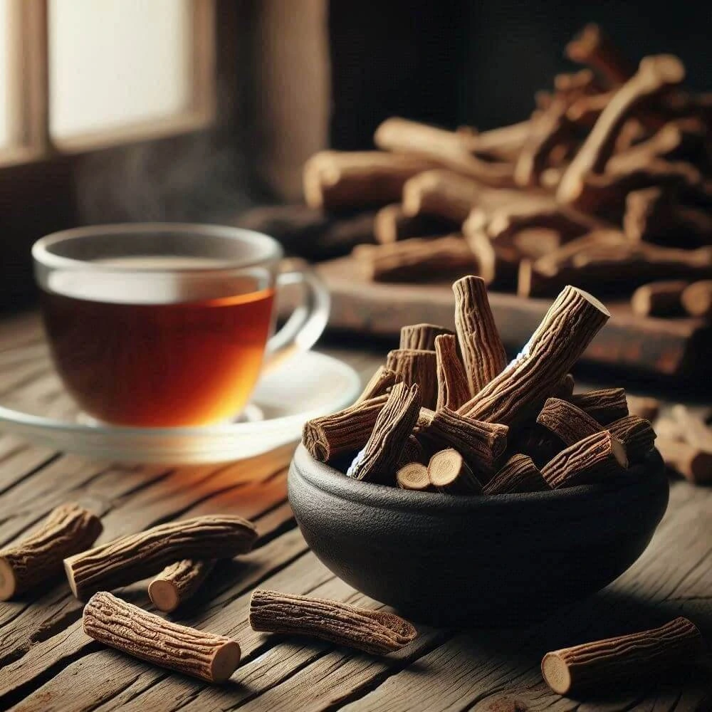 جذور عرق السوس المجففة وأعشاب أخرى على طاولة خشبية بجانب كتاب مفتوح في ضوء الشمس