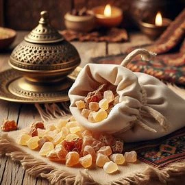 علك اللبان الطبيعي المجفف بلونه الشفاف والعنبر، يُستخدم في الطب التقليدي لتحسين التنفس والمناعة