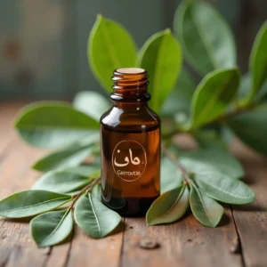 زجاجة زيت الكافور موضوعَة على أوراق خضراء