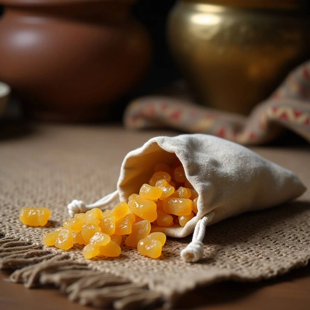 قطع من علك اللبان في كيس من الثوب، تُستخدم كمضاد طبيعي للالتهابات ومُعطر للفم