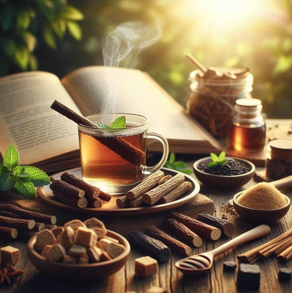 جذور عرق السوس الجافة وكوب من شاي عرق السوس مع مكونات طبيعية مثل العسل والنعناع تُعرض بطريقة جذابة على سطح خشبي