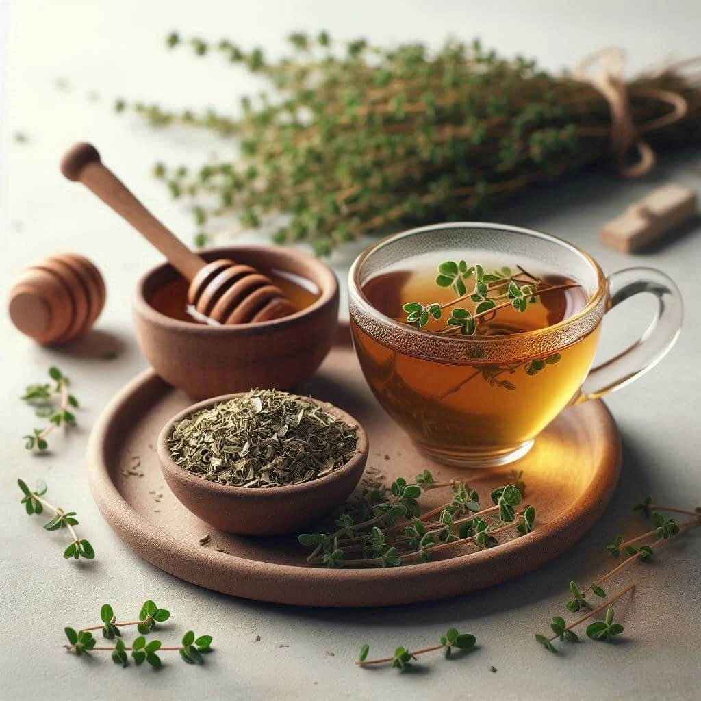 حزمة من الزعتر البري للكحه الطازج بجانب كوب من الشاي الساخن على طاولة خشبية
