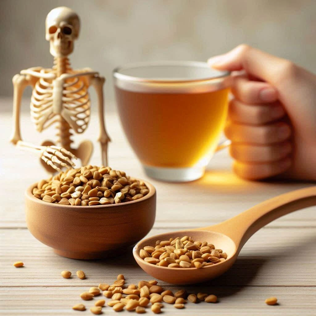 وعاء حلبة وكوب من منقوع الحلبة بجوار نموذج هيكل عظمي يرمز لفوائد الحلبة للعظام