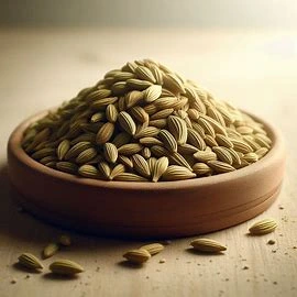 بذور حبة الحلوة موضوعة في صحن خشبي، تُستخدم في الطب الشعبي لتحسين الهضم وتخفيف المغص.