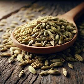 بذور حبة الحلوة المجففة موضوعة في ملعقة خشبية على خلفية طبيعية، تُستخدم في الطب الشعبي والطهي.