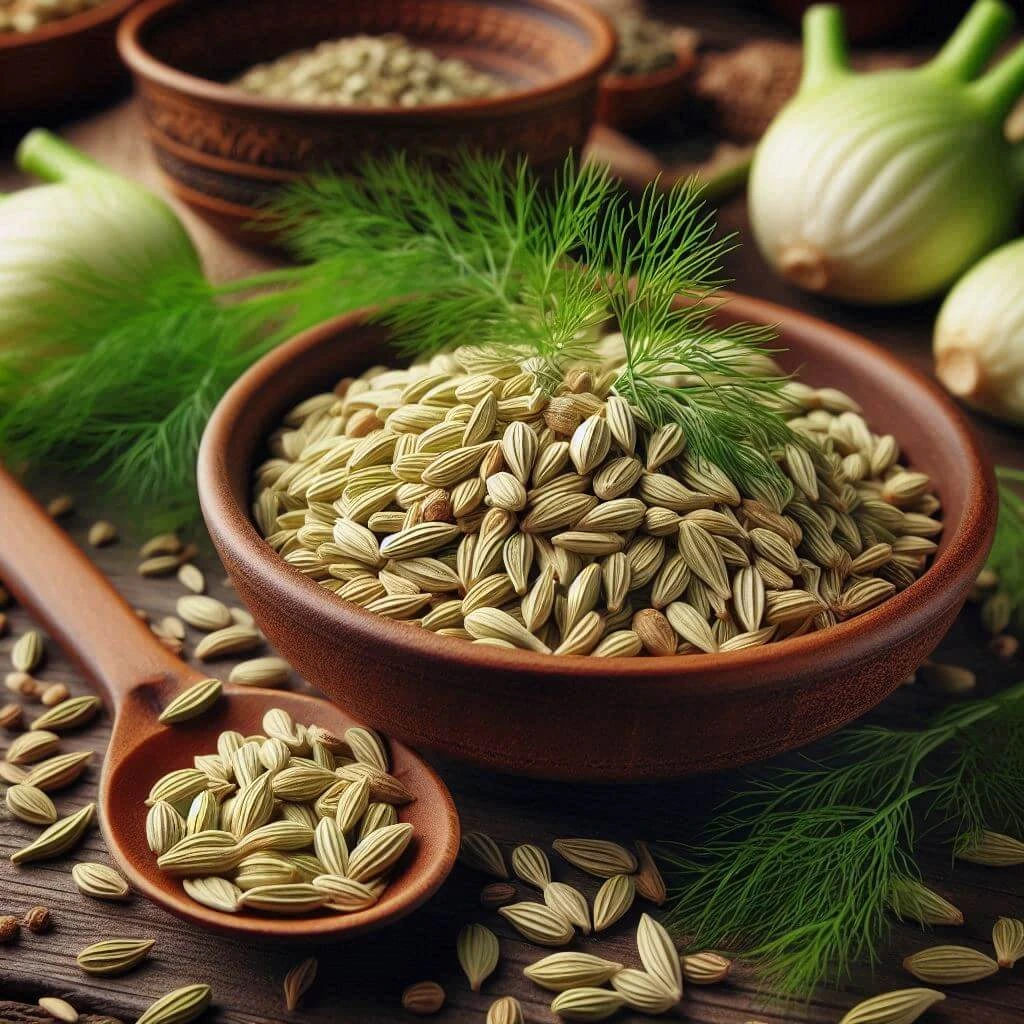 بذور حبة الحلوة موضوعة في ملعقة خشبية وصحن خشبي، تُستخدم لعلاج مشاكل الهضم والمغص في الطب الطبيعي.